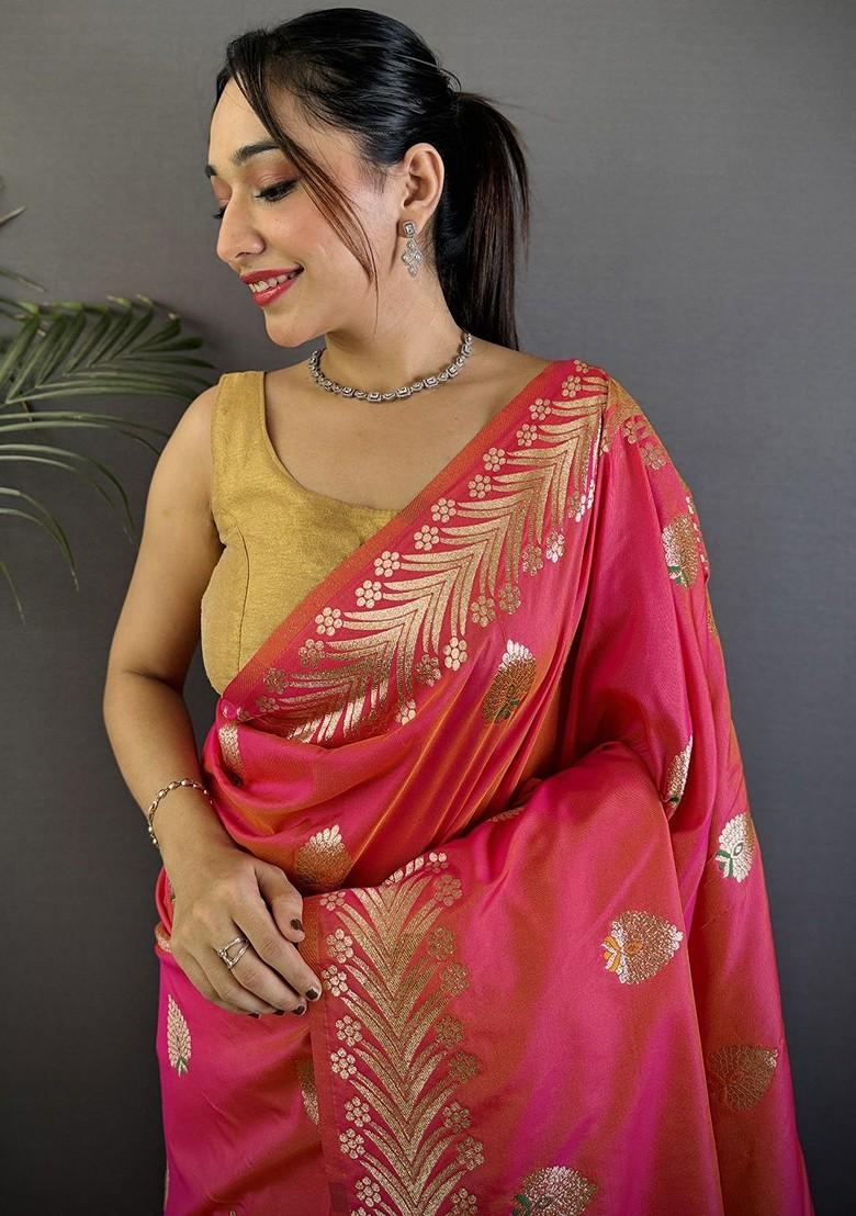 Peach Zari Printed Blended Saree Set