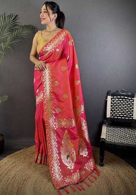 Peach Zari Printed Blended Saree Set