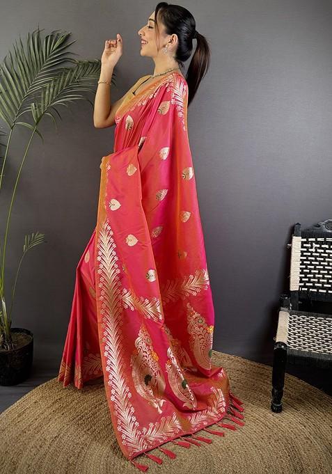 Peach Zari Printed Blended Saree Set