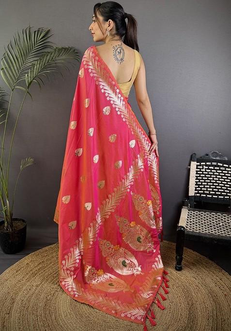 Peach Zari Printed Blended Saree Set