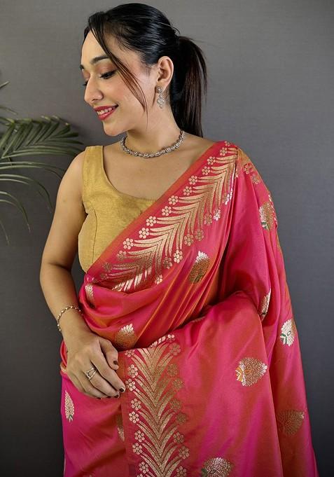 Peach Zari Printed Blended Saree Set