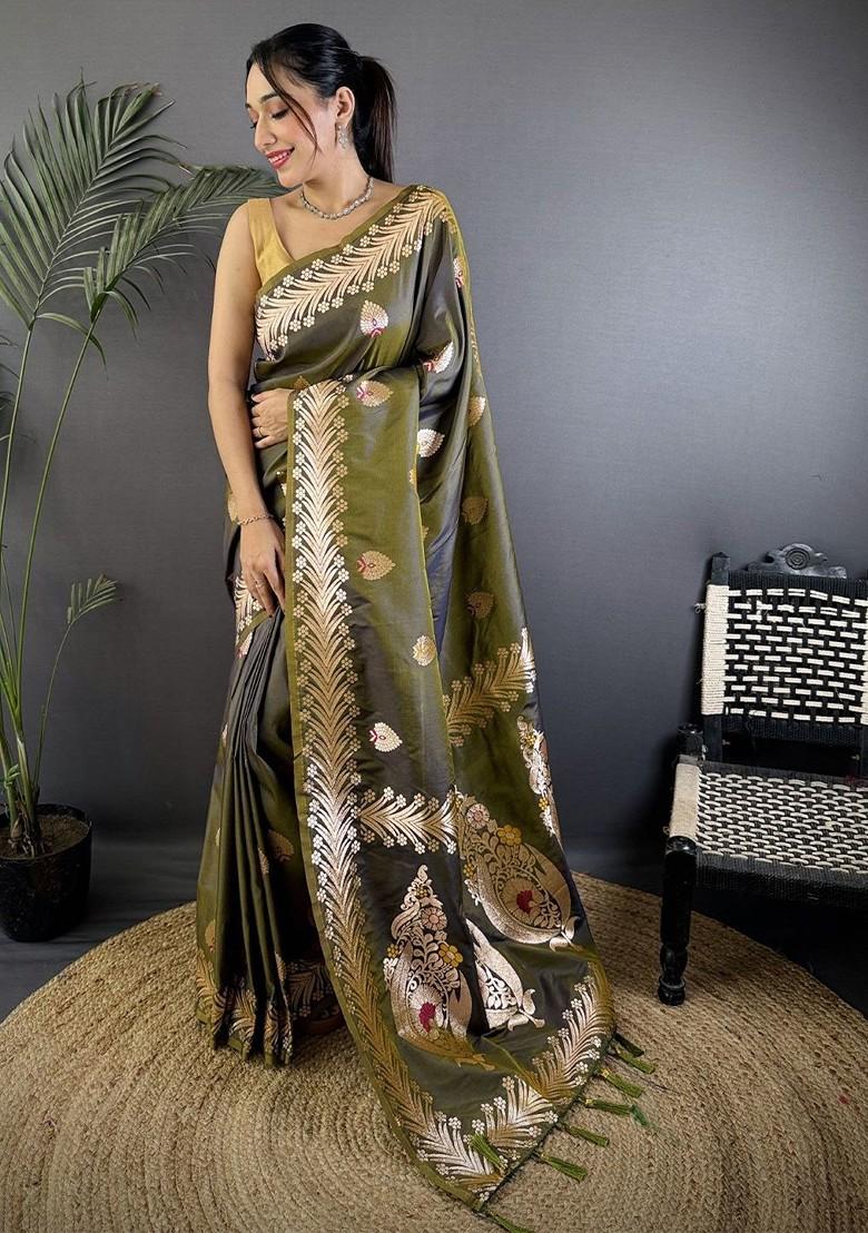 Olive Zari Printed Blended Saree Set