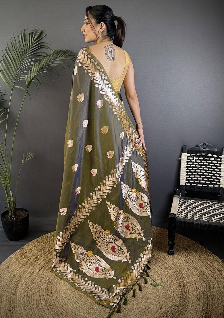 Olive Zari Printed Blended Saree Set