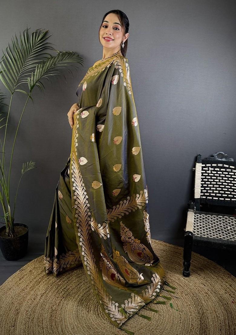 Olive Zari Printed Blended Saree Set