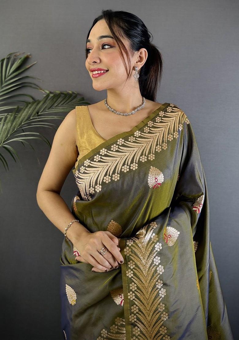 Olive Zari Printed Blended Saree Set