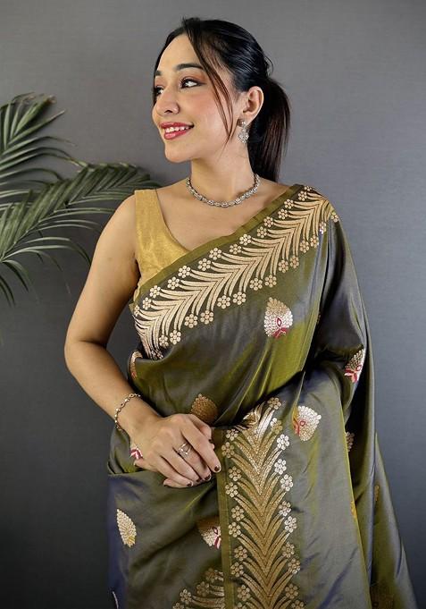Olive Zari Printed Blended Saree Set