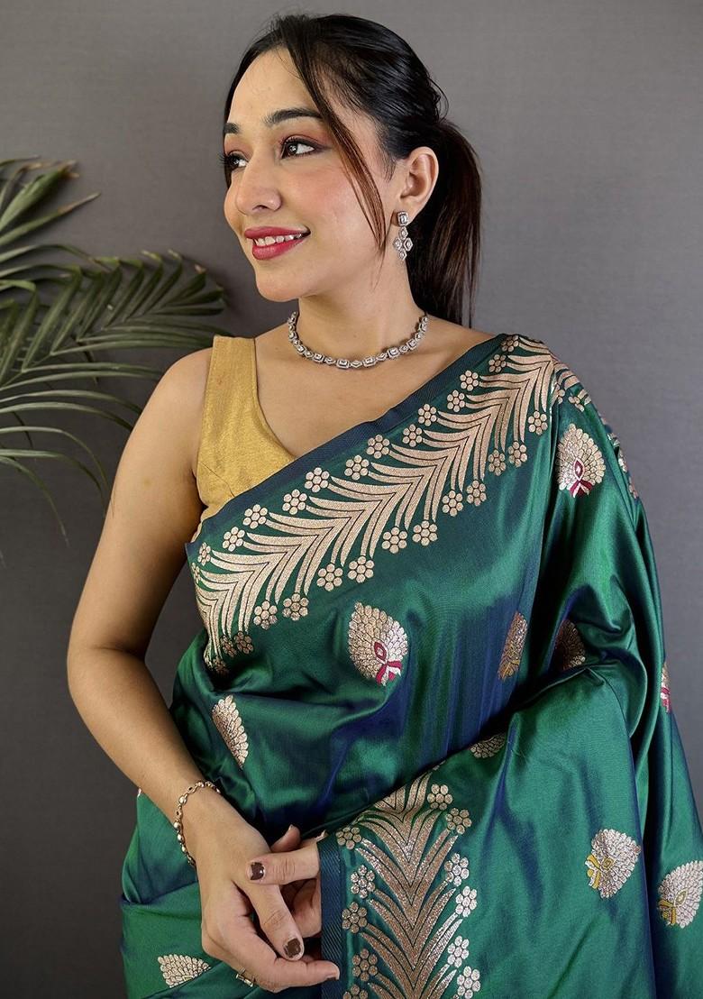 Green Zari Printed Blended Saree Set