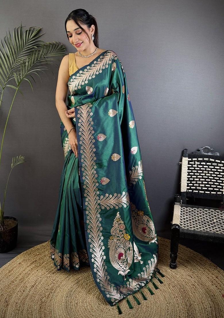 Green Zari Printed Blended Saree Set