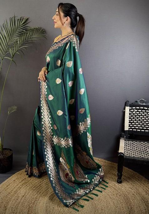 Green Zari Printed Blended Saree Set
