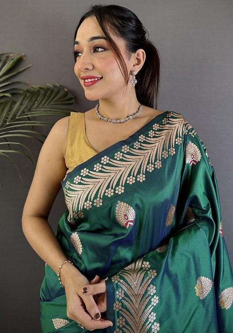 Green Zari Printed Blended Saree Set