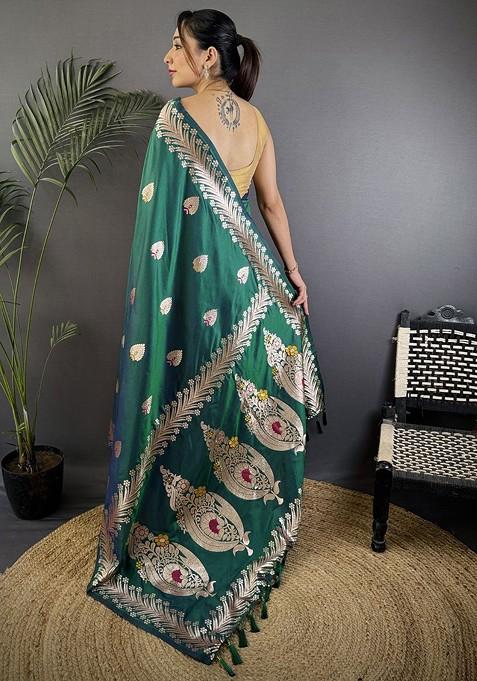 Green Zari Printed Blended Saree Set