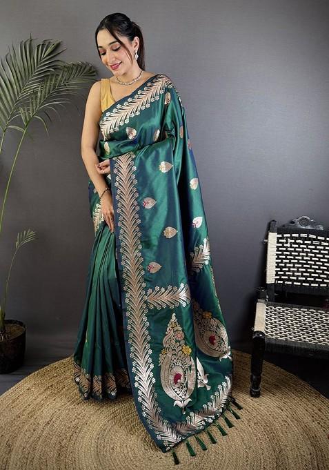 Green Zari Printed Blended Saree Set