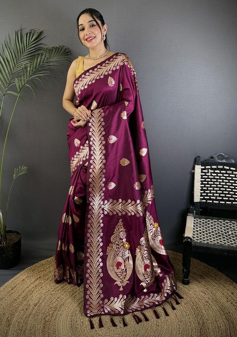 Burgundy Zari Printed Blended Saree Set - Indya