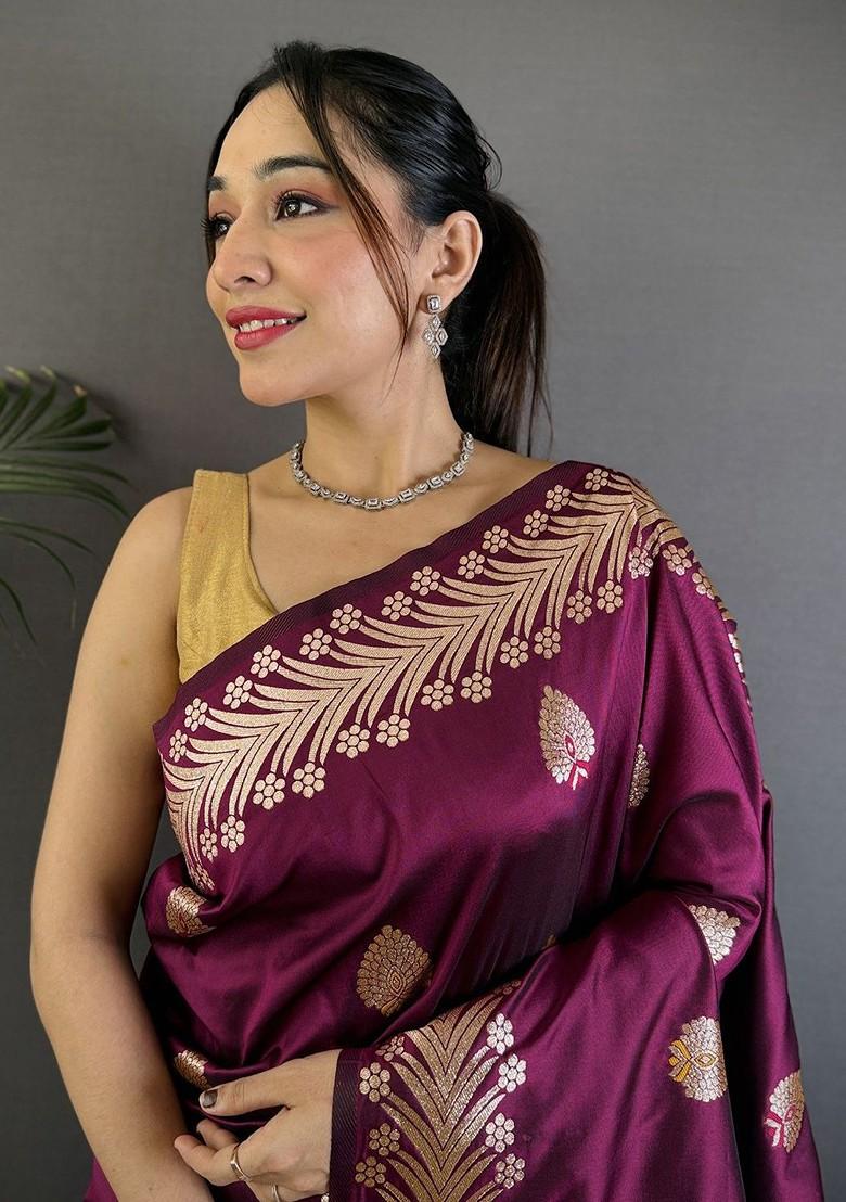 Burgundy Zari Printed Blended Saree Set - Indya