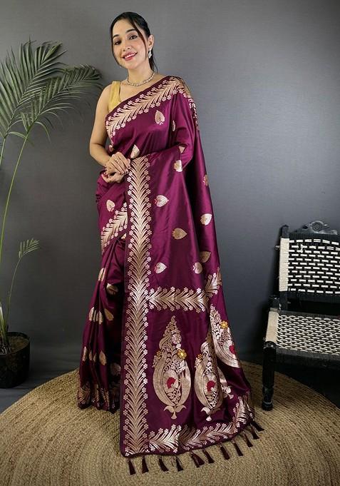 Burgundy Zari Printed Blended Saree Set