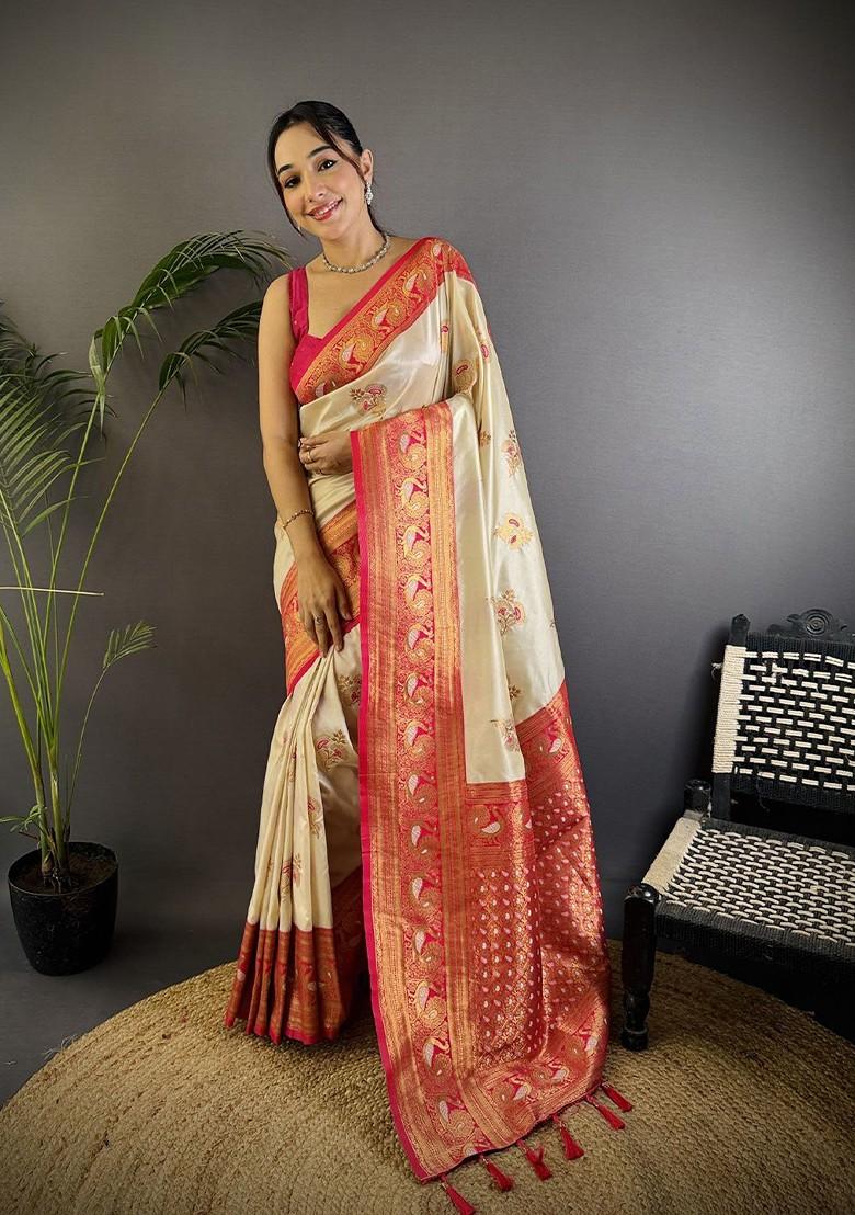 White Zari Printed Blended Saree Set - Indya