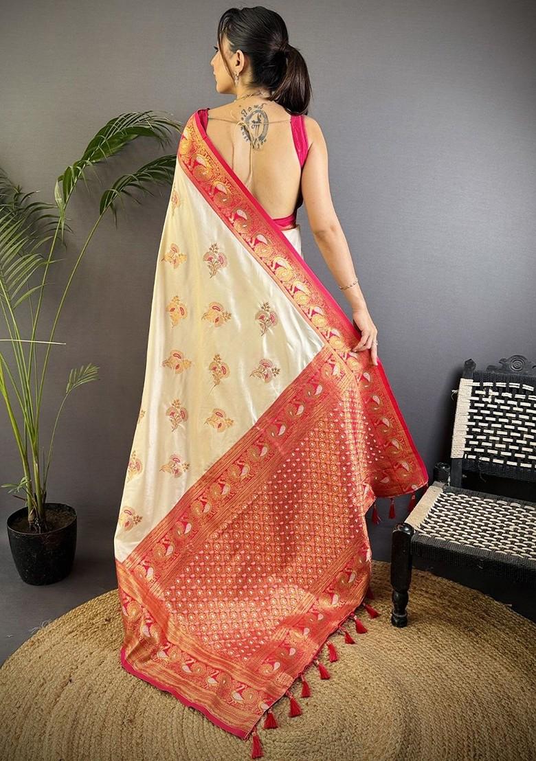 White Zari Printed Blended Saree Set - Indya