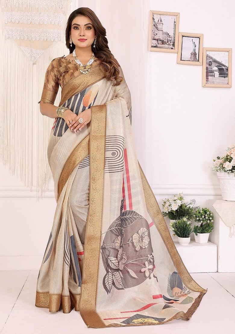 Off White Printed Blended Saree Set