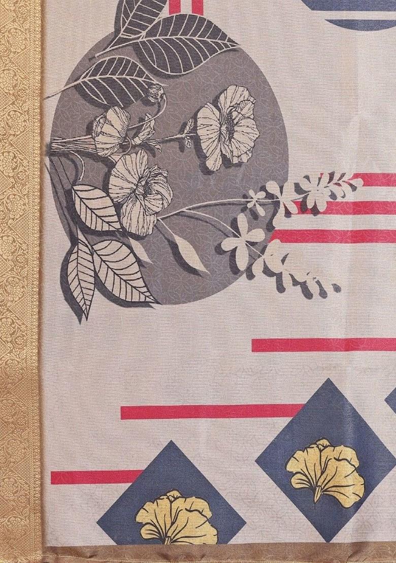 Off White Printed Blended Saree Set - Indya