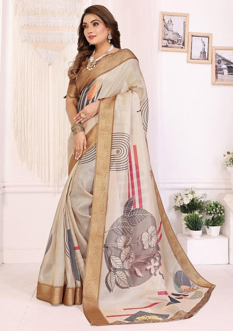 Off White Printed Blended Saree Set