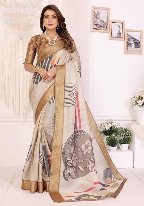 Off White Printed Blended Saree Set