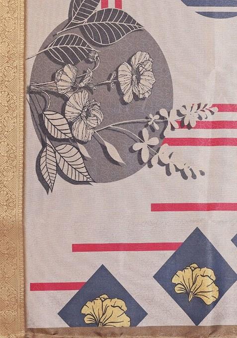 Off White Printed Blended Saree Set