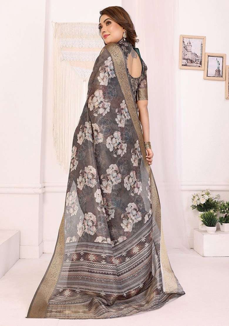 Grey Zari Printed Blended Saree Set for Diwali and Festive Wear - Indya