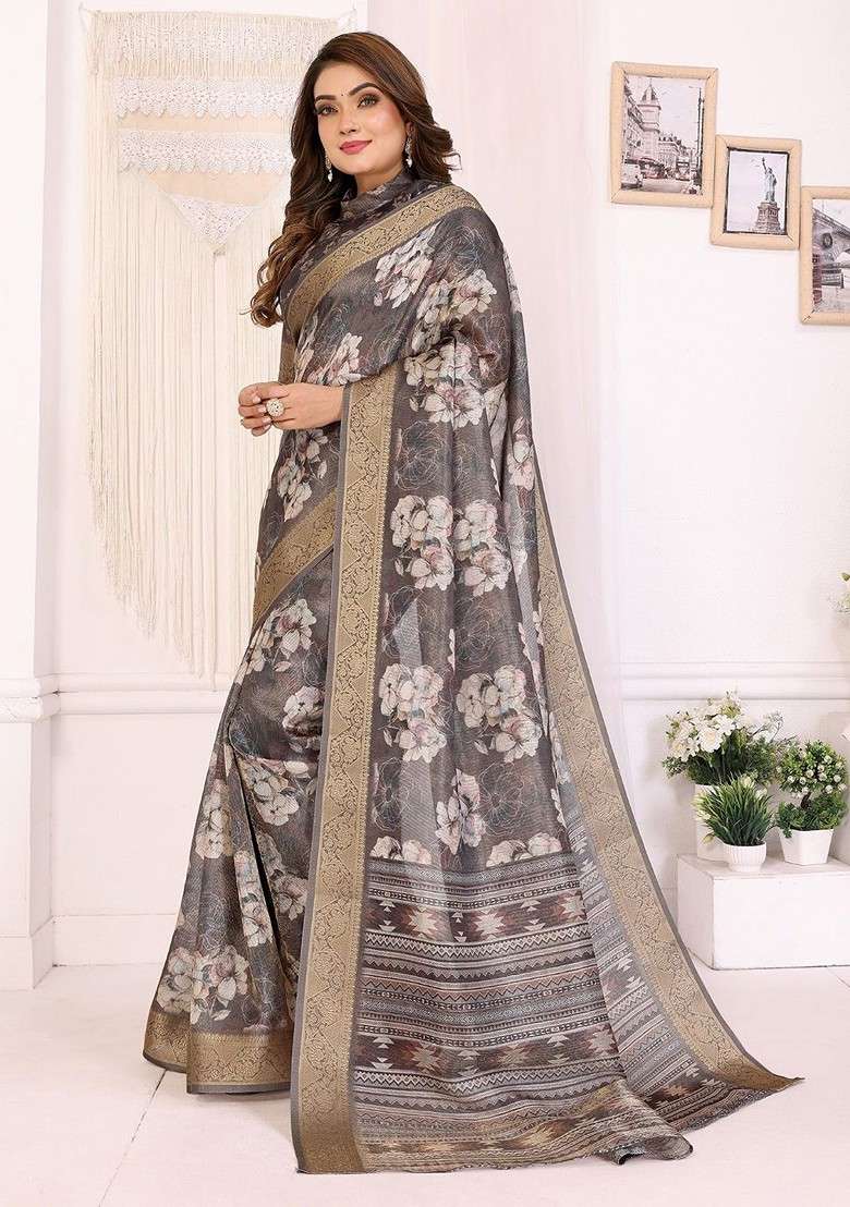 Grey Zari Printed Blended Saree Set for Diwali and Festive Wear - Indya