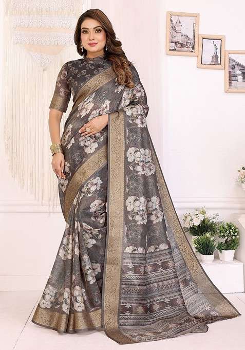 Grey Zari Printed Blended Saree Set for Diwali and Festive Wear