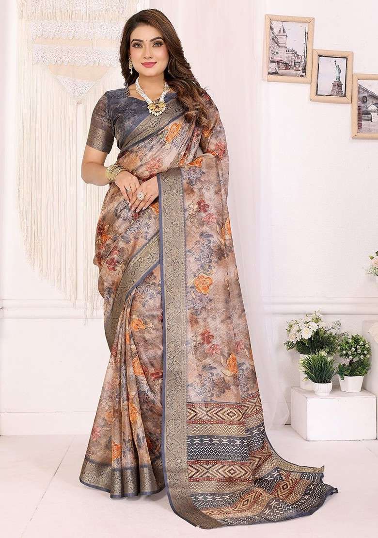 Beige Printed Blended Saree Set for Diwali and Festive Wear - Indya