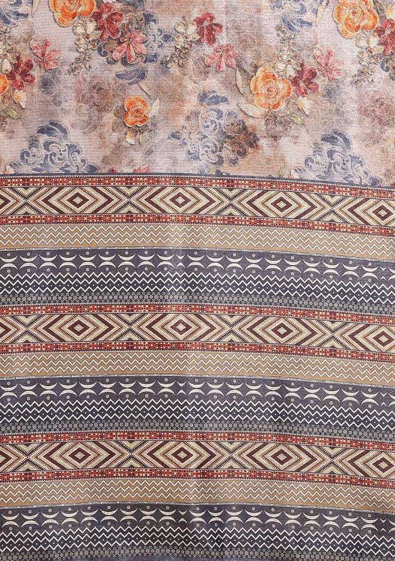 Beige Printed Blended Saree Set - Indya