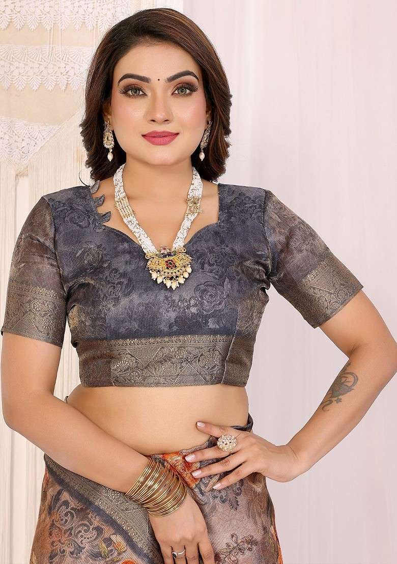 Beige Printed Blended Saree Set for Diwali and Festive Wear - Indya