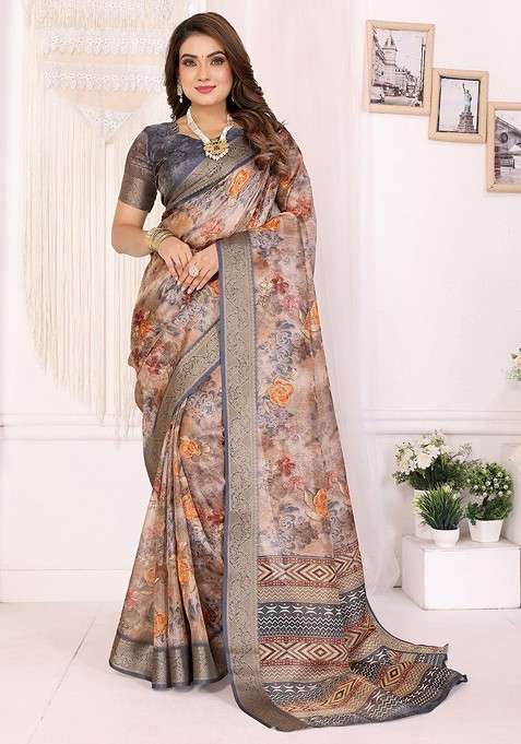 Beige Printed Blended Saree Set for Diwali and Festive Wear