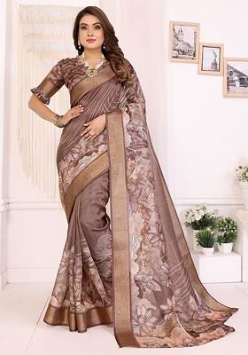 Brown Printed Blended Saree Set