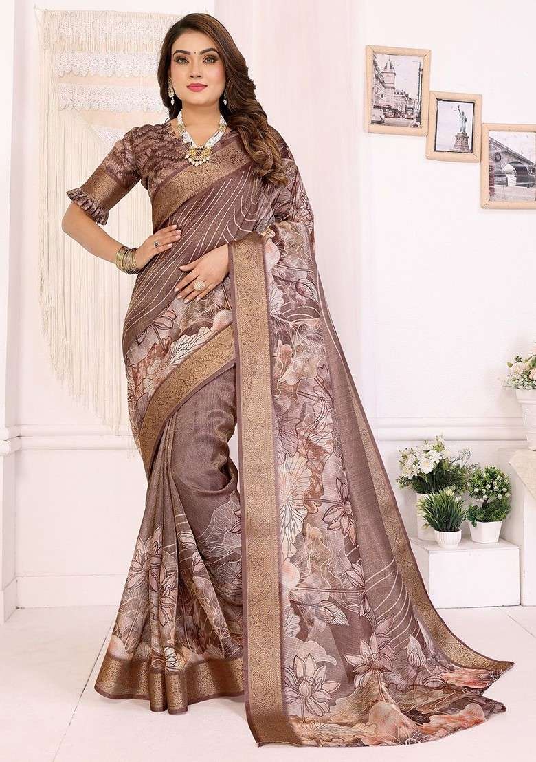 Brown Printed Blended Saree Set for Diwali and Festive Wear - Indya
