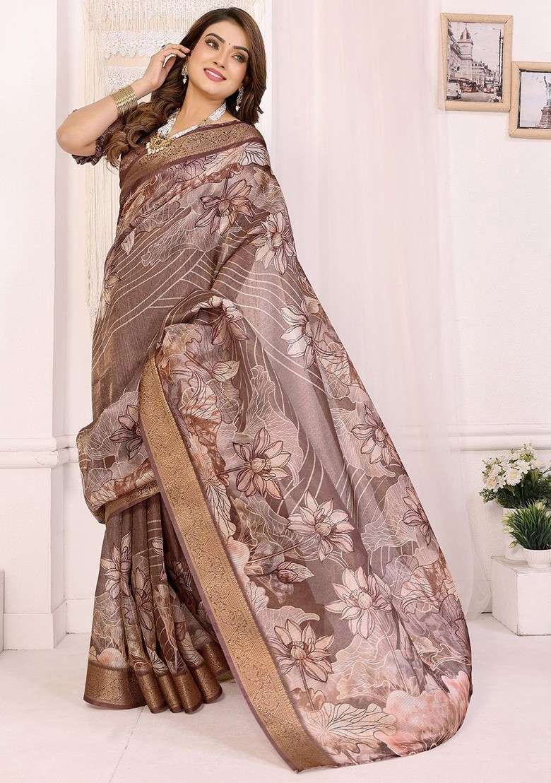 Brown Printed Blended Saree Set for Diwali and Festive Wear - Indya