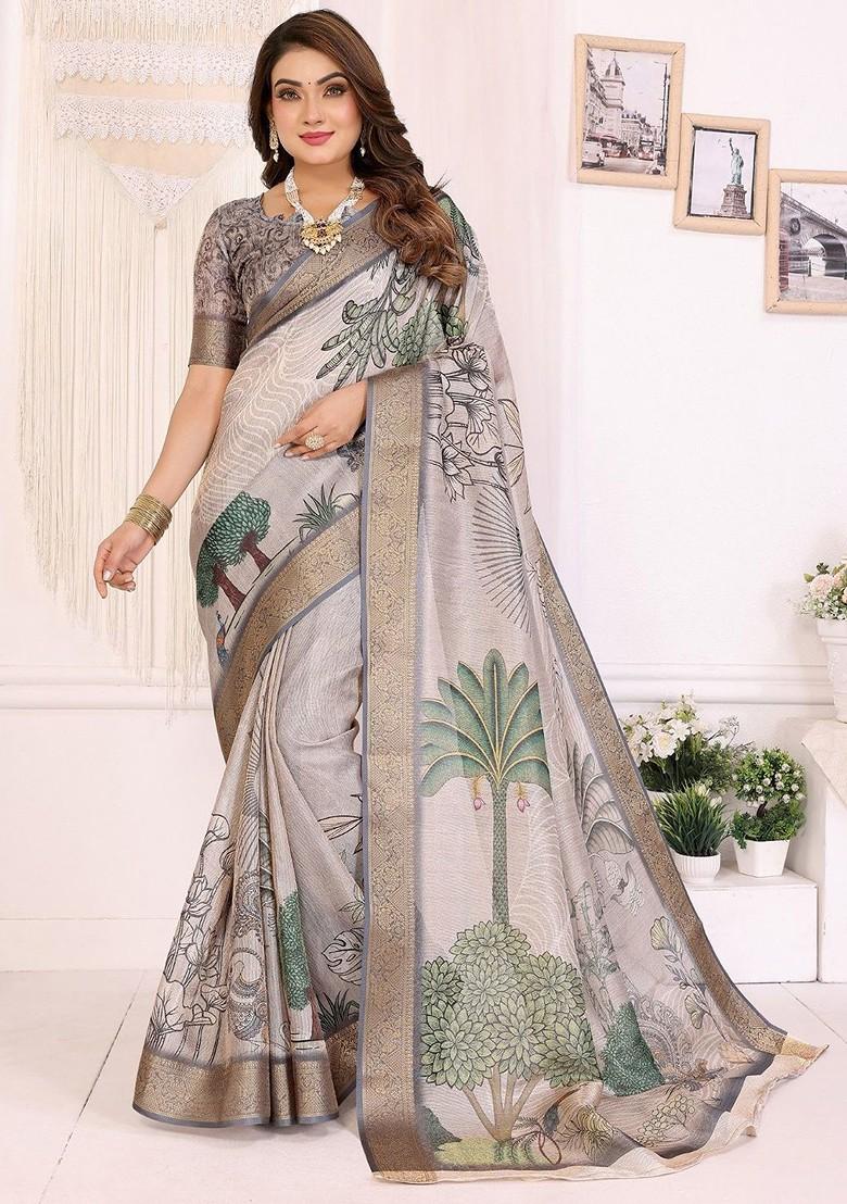 White Printed Blended Saree Set - Indya