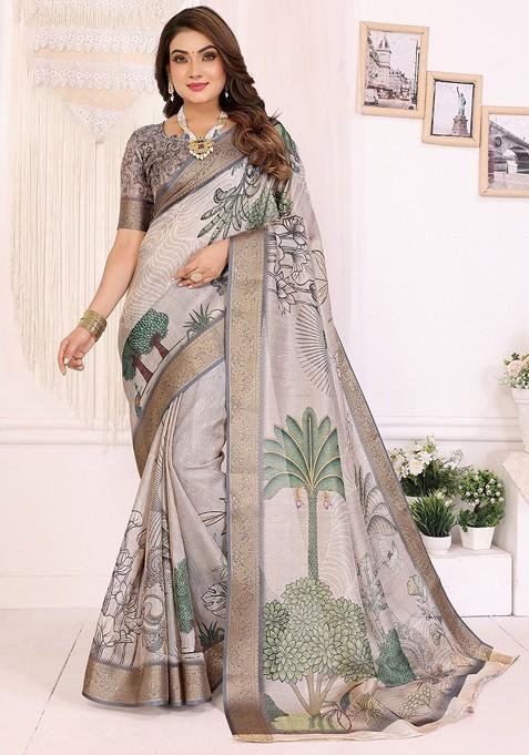 White Printed Blended Saree Set
