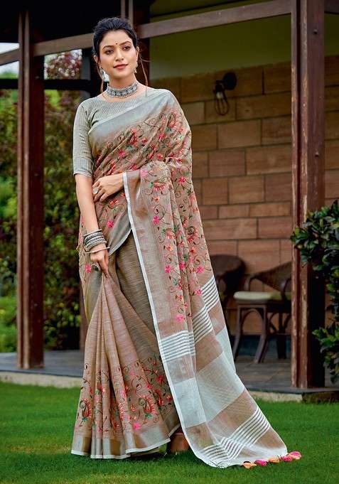 Beige Zari Printed Blended Saree Set for Diwali and Festive Wear
