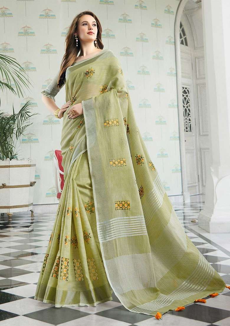Olive Blended Saree Set with Floral Print for Diwali | Wedding & Festive Wear - Indya