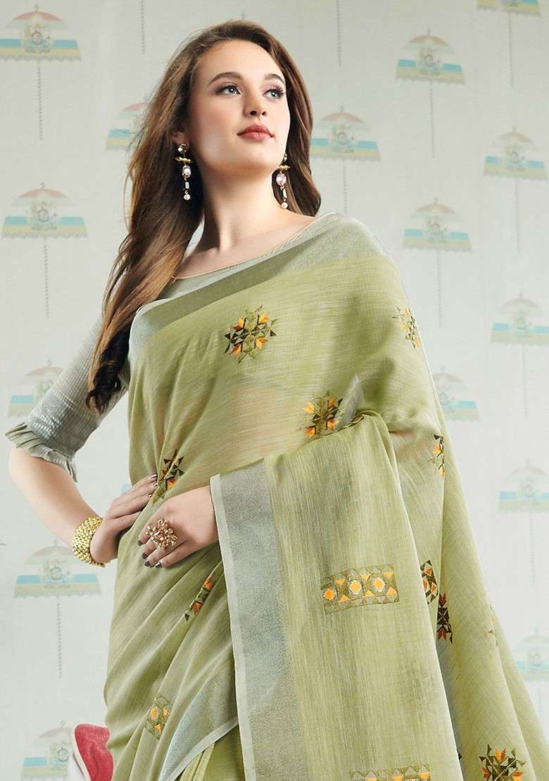Olive Blended Saree Set with Floral Print for Diwali | Wedding & Festive Wear - Indya