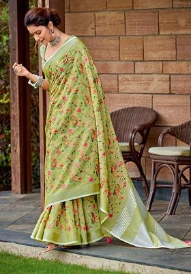 Olive Floral Print Blended Saree Set