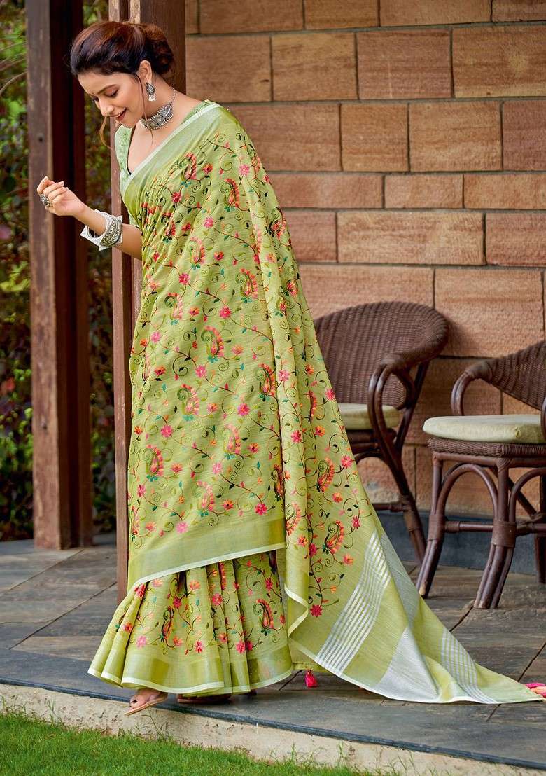Olive Floral Print Blended Saree Set for Diwali and Festive Wear - Indya