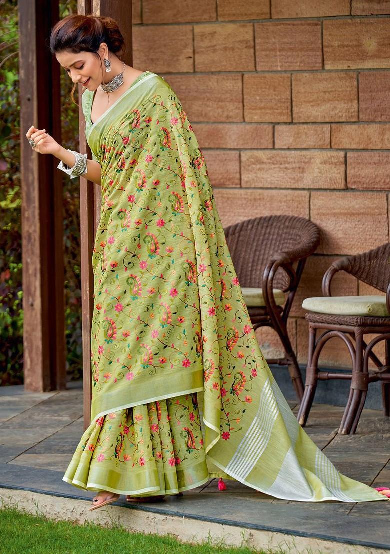 Olive Floral Print Blended Saree Set - Indya