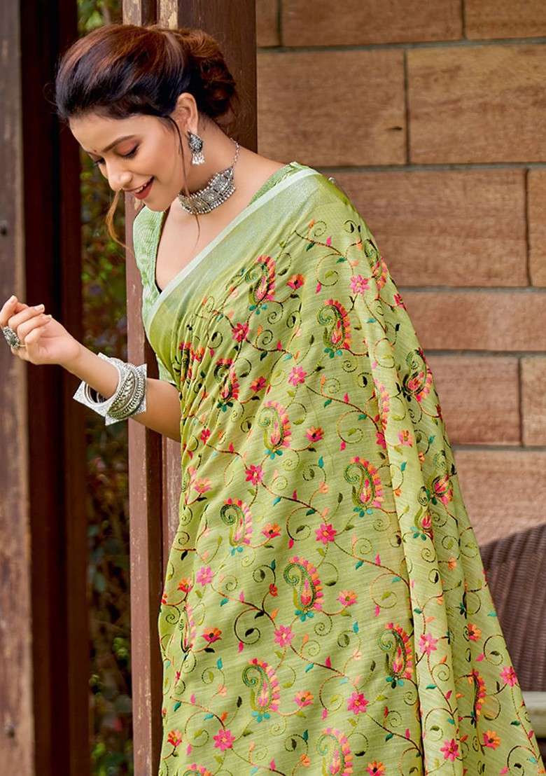 Olive Floral Print Blended Saree Set for Diwali and Festive Wear - Indya