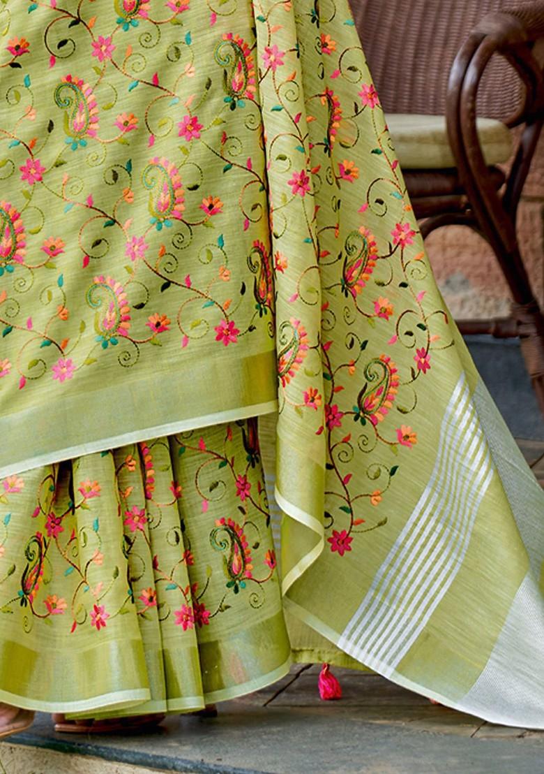 Olive Floral Print Blended Saree Set - Indya