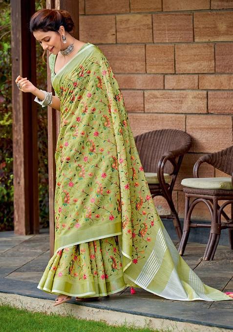 Olive Floral Print Blended Saree Set