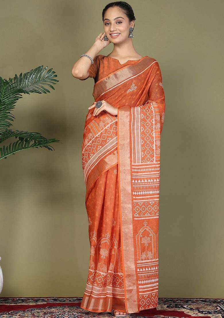 Orange Printed Blended Saree Set - Indya
