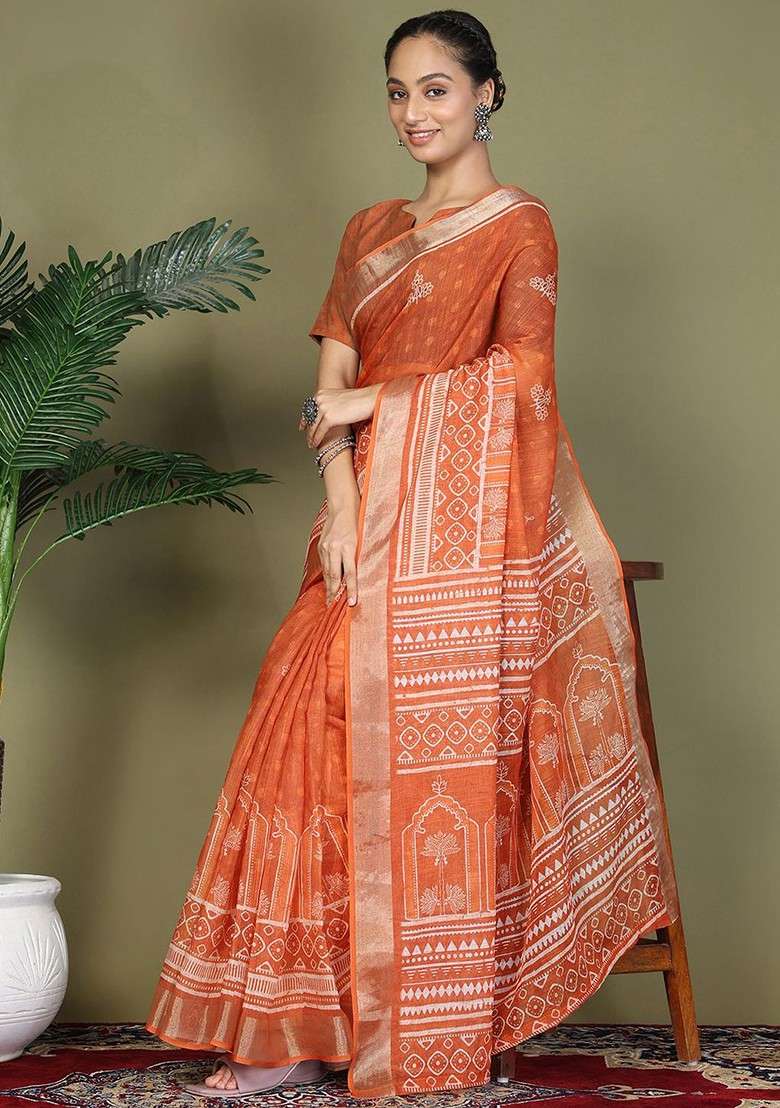 Orange Printed Blended Saree Set - Indya