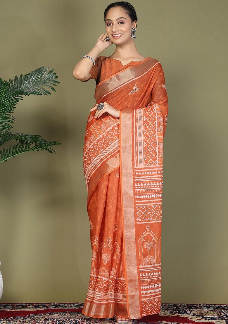 Orange Printed Blended Saree Set - Indya